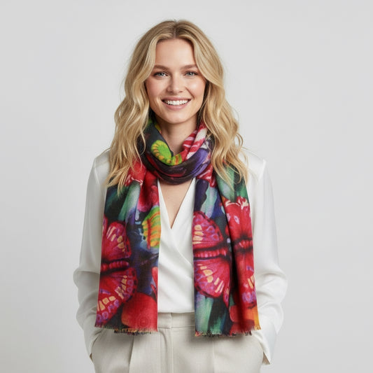 Butterfly Kaleidoscope Abstract Scarf – Merino Wool Silk Wrap | Vibrant Wings in Rainbow Hues