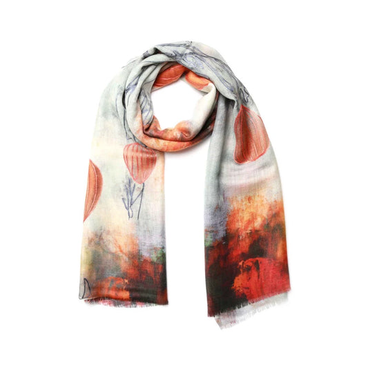 Autumn Sky Balloons Scarf – Pure Silk Wrap | Abstract Floating Dreams in Fiery Sunset Hues