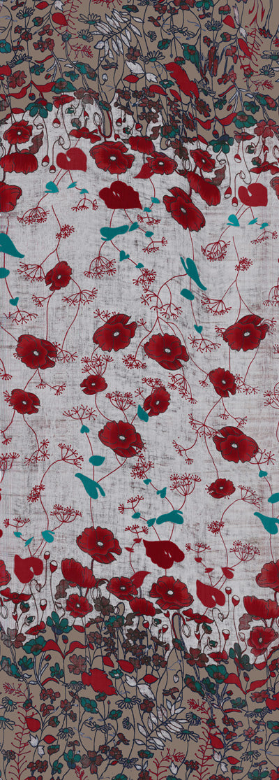 Scarlet Meadow Merino Wool Silk Scarf – Botanical Floral Designer Print