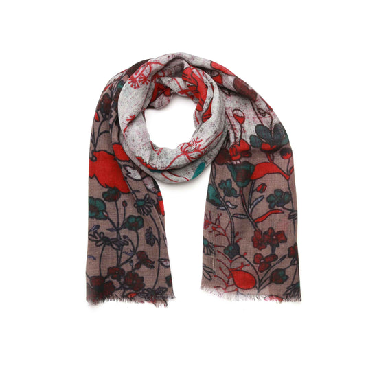 Scarlet Meadow Merino Wool Silk Scarf – Botanical Floral Designer Print