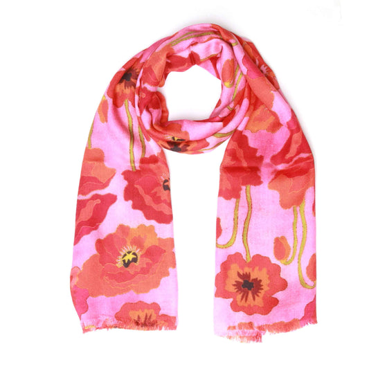 Poppy Bloom Scarf – Cotton Modal Wrap | Red & Scarlet Poppies on Radiant Pink Canvas