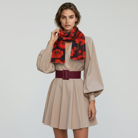 Poppy Bloom Scarf – Merino Fine Wool Wrap | Red & Scarlet Poppies on Radiant Black Canvas