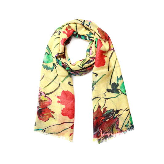 Golden Bloom Merino Wool Silk Scarf – Expressive Floral Art Designer Print