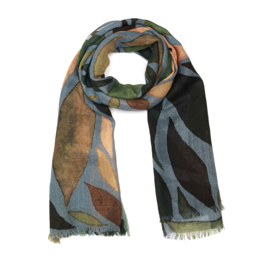 Forest Canopy Scarf – Merino Wool Silk Wrap | Abstract Green & Beige Leaf Pattern on Grey