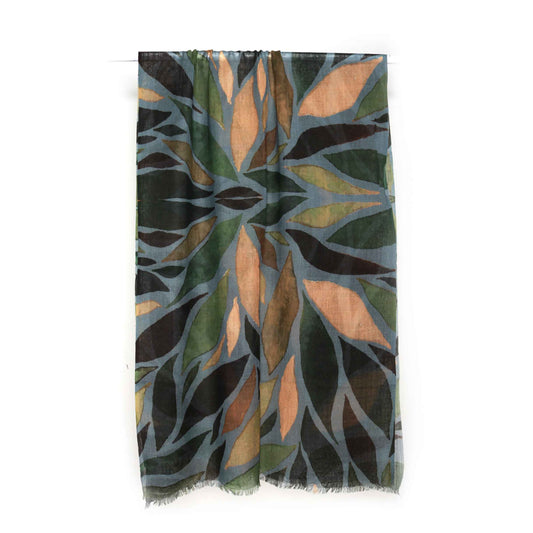 Forest Canopy Scarf – Merino Wool Silk Wrap | Abstract Green & Beige Leaf Pattern on Grey