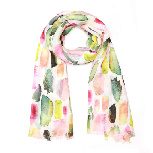 Watercolor Mosaic Scarf – Merino Wool Silk Wrap | Multicolor Abstract Brushstroke Design