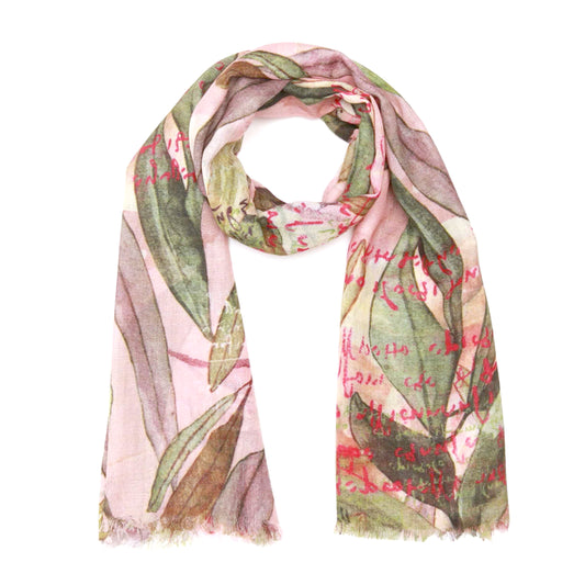 Eucalyptus Dream Scarf – Pure Linen Wrap | Hand-Painted Gum Leaves on Blush Pink