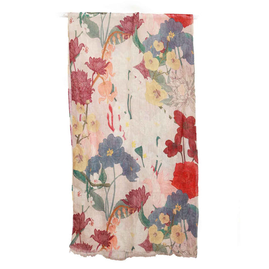 Botanical Symphony Scarf – Pure Linen Wrap | Multicolor Garden Blooms on Soft Blush