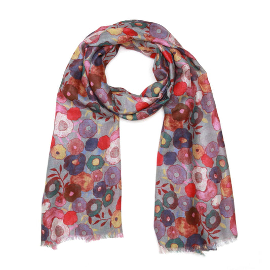 Meadow Bloom Scarf –Merino Wool Silk Wrap | Multicolor Petite Flowers on Violet Grey