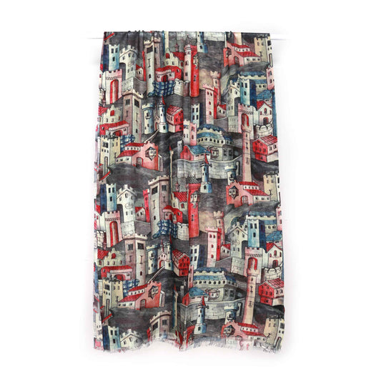 Architectural Village Scarf –Merino Wool Silk Wrap | Hand-Drawn Italian Cityscape in Red & Blue