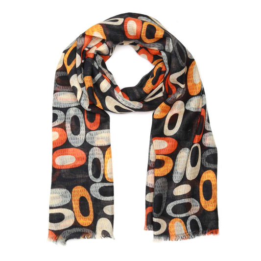 Retro Geometry Scarf – Cotton Modal Wrap | Mid-Century Modern Abstract in Orange, Black & White