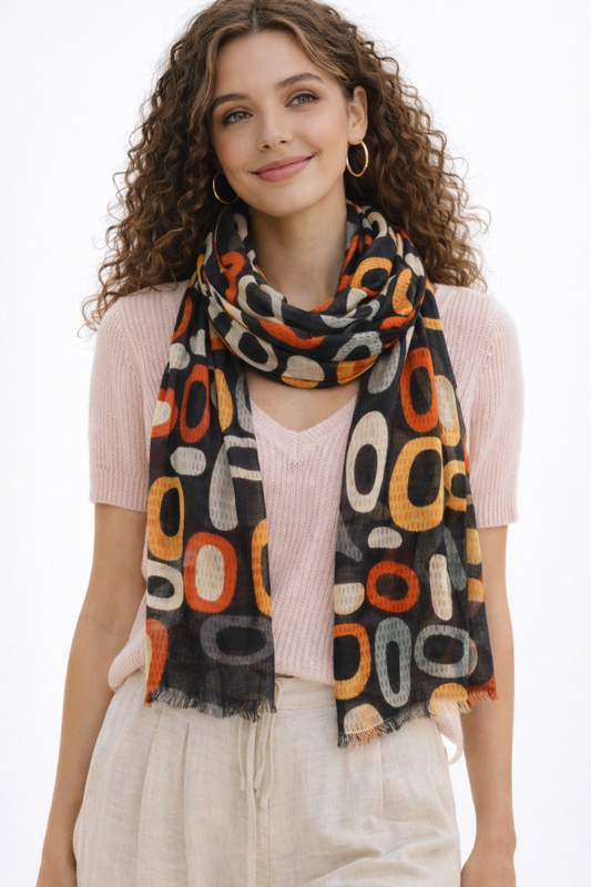 Retro Geometry Scarf – Cotton Modal Wrap | Mid-Century Modern Abstract in Orange, Black & White