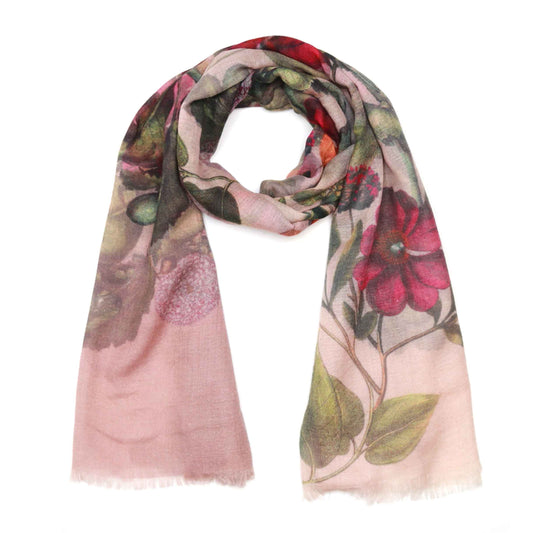 Botanical Bloom Scarf – Merino Wool Silk Wrap | Vintage-Inspired Magenta Flowers on Soft Blush Pink