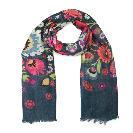Folk Bloom Scarf – Merino Wool Silk Wrap| Handcrafted Floral Folk Art in Teal & Bright Multicolor