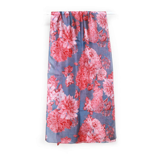 Blush Bloom Scarf – Pure Silk Wrap | Romantic Pink Floral Motifs on Classic Blue