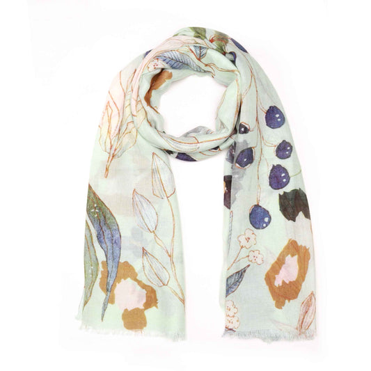 Botanical Breeze Scarf – Merino Wool Silk Wrap| Hand-Drawn Wildflower & Leaf Motifs on Aqua