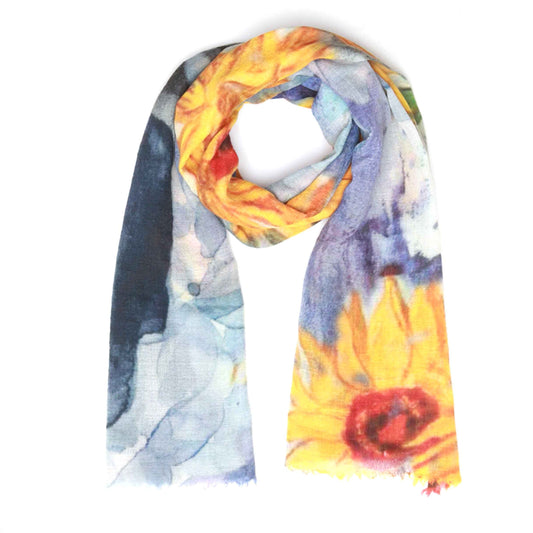 Sunflower Symphony Scarf – Fine Merino Wool Wrap | Golden Blooms on Watercolor Blue Old Masters Van Gogh Scarf