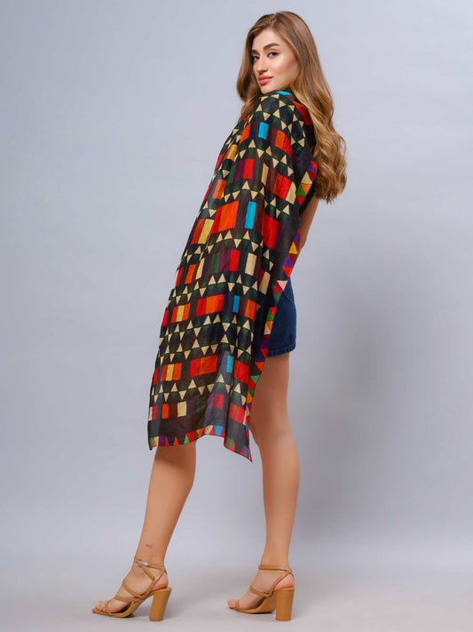 Kaleidoscope Geometry Scarf – Fine Merino Wool | Tribal Mosaic Wrap in Bold Multicolor Patterns