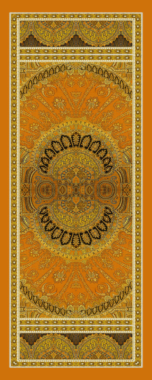Ornate Gold Paisley Medallion and Baroque Border Print Cotton Modal Summer Scarf