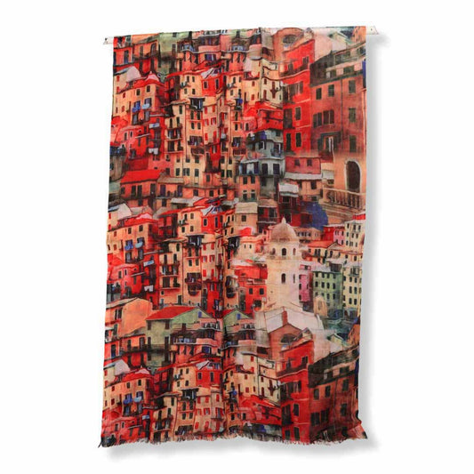 Cinque Terre Charm Scarf – Modal Silk| Italian Coastal Village Print in Vibrant Red & Pastel Tones