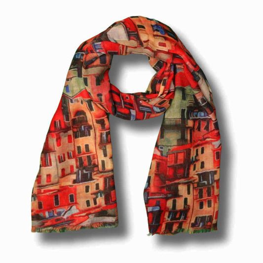 Cinque Terre Charm Scarf – Modal Silk| Italian Coastal Village Print in Vibrant Red & Pastel Tones