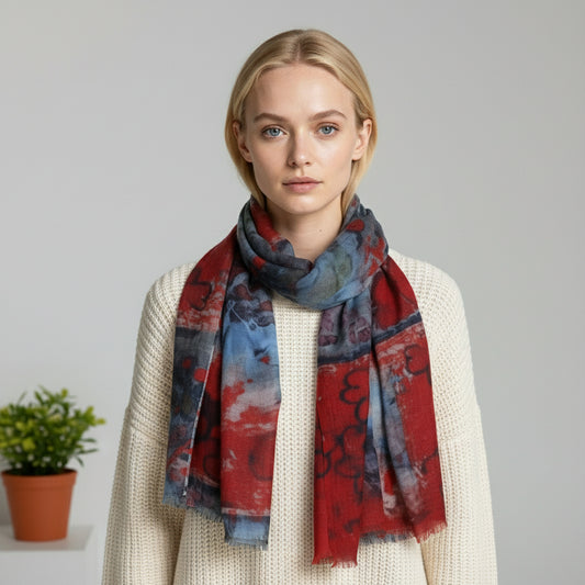 Crimson Dream Abstract Scarf – Pure Silk Designer Wrap | Artistic Floral Impression Print