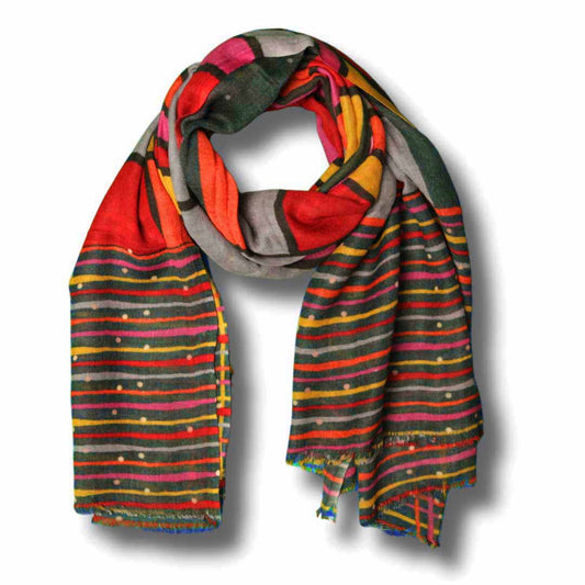 Modern Mosaic Geometry Scarf – Fine Merino Wool | Abstract Grid & Polka Dot Pattern in Bold Multicolors - Bottle Green Base