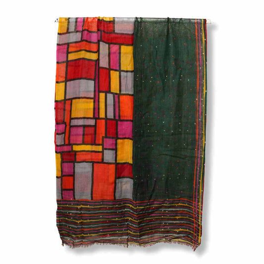 Modern Mosaic Geometry Scarf – Merino Wool Silk | Abstract Grid & Polka Dot Pattern in Bold Multicolors - Bottle Green Base