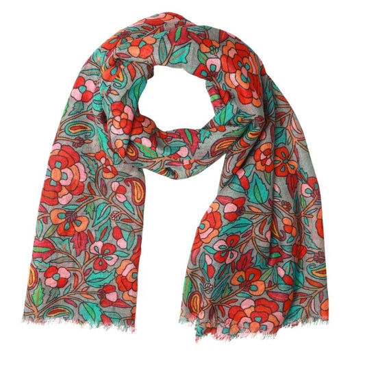Meadow Mosaic Floral Scarf – Merino Wool Silk | Multicolor Folk Art Inspired Designer Wrap