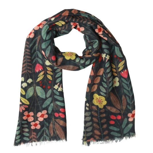Wild Meadow Garden Scarf – Fine Merino Wool | Botanical Floral Print Designer Wrap