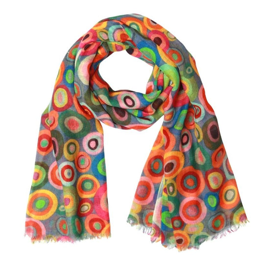 Kaleidoscope Circles Scarf – Merino Fine Wool | Vibrant Geometric Abstract Designer Wrap - Grey base