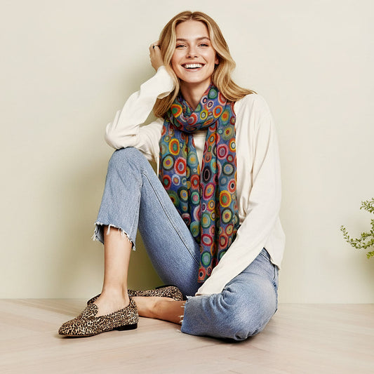 Kaleidoscope Circles Scarf – Pure Silk | Vibrant Geometric Abstract Designer Wrap - Grey base