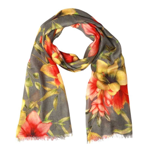 Golden Coral Lily Scarf – Merino Wool Silk | Tropical Botanical Floral Wrap on Charcoal Grey