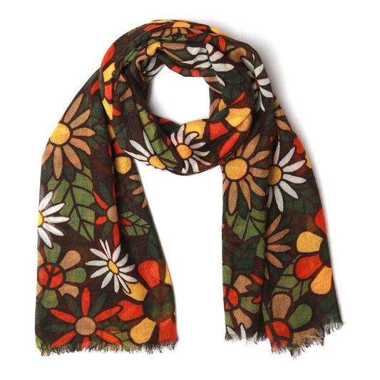 Retro Peace Daisy Scarf – Merino Wool Silk | 70s Inspired Floral Wrap with Earthy Botanical Motifs