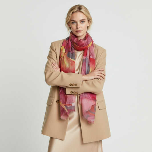 Orchid Radiance Scarf – Fine Merino Wool | Watercolor Pink & Magenta Floral Wrap on Grey
