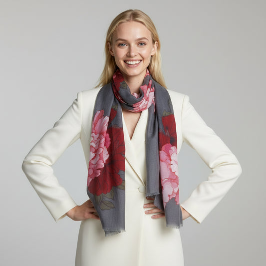 Crimson Peony Scarf – Fine Merino Wool | Statement Red & Pink Floral Wrap on Grey