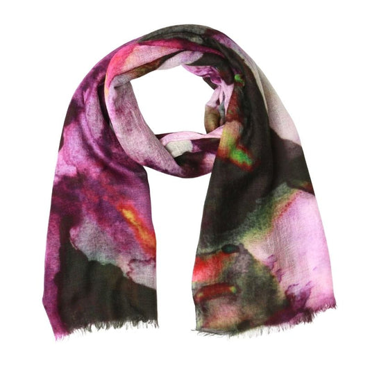 Amethyst Orchid Scarf – Merino Wool Silk | Watercolor Purple Floral Wrap on Black & Grey