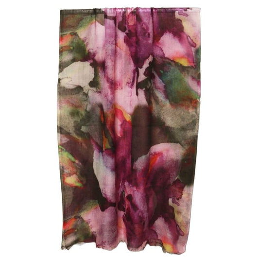Amethyst Orchid Scarf – Merino Wool Silk | Watercolor Purple Floral Wrap on Black & Grey
