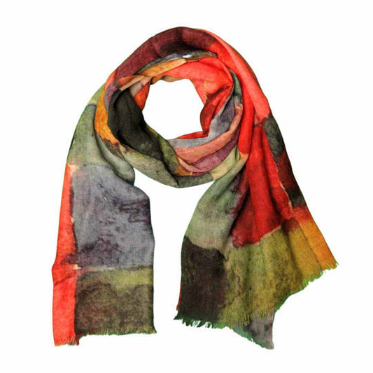 Mosaic Dreams Scarf – Merino Wool Silk | Abstract Color Block Wrap in Rainbow Hues