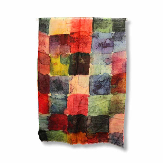 Mosaic Dreams Scarf – Merino Wool Silk | Abstract Color Block Wrap in Rainbow Hues