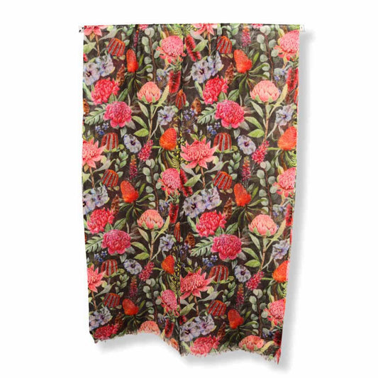 Wildflower Symphony Scarf –Merino Fine Wool | Australian Native Protea & Waratah Floral Wrap on Charcoal Grey