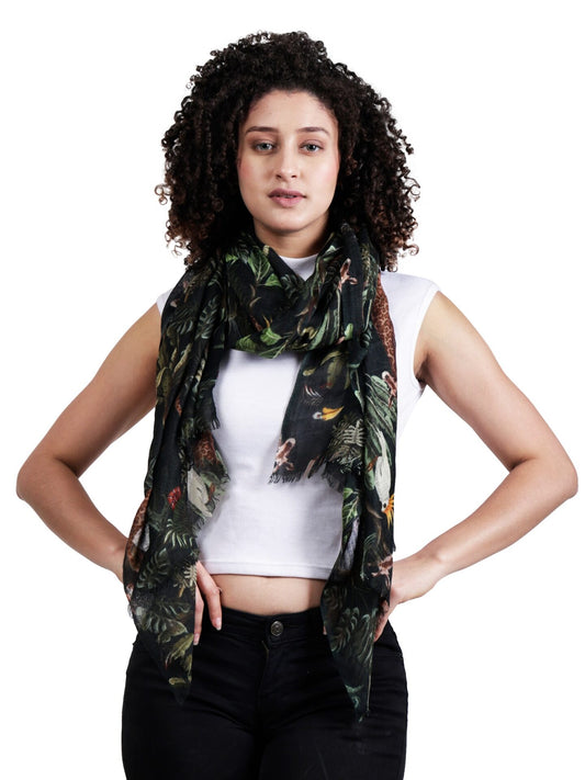 Savannah Wildlife Jungle Scarf –Modal Silk Designer Wrap | Animal & Botanical Print