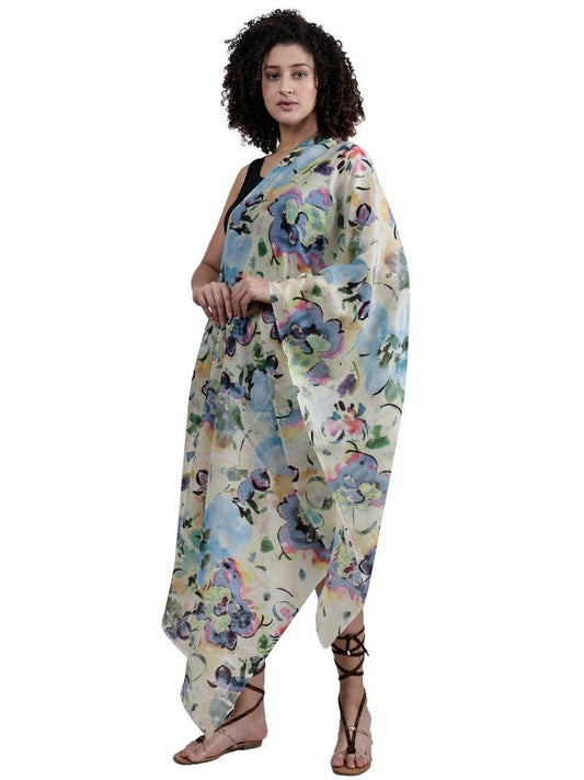 Floral Fine Twill Merino Silk Designer Scarf