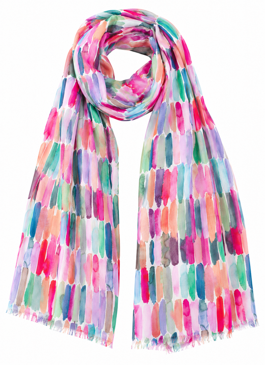 Rainbow Strokes Abstract Scarf – Merino Wool Silk Designer Wrap | Watercolor Brushstroke Pattern