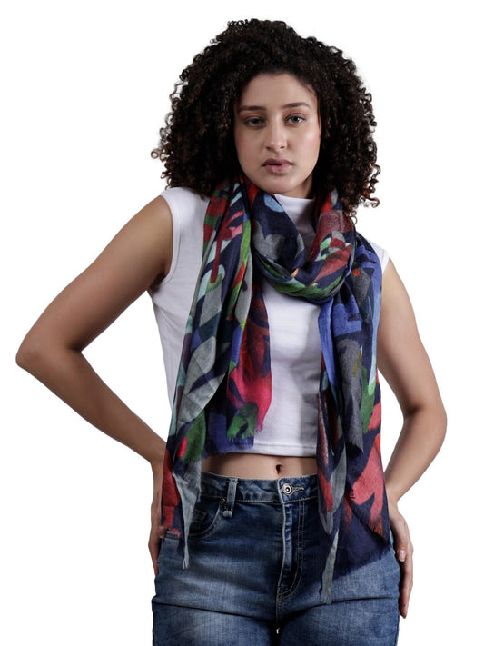 Midnight Jungle Abstract Scarf – Merino Fine Wool Designer Wrap | Colorful Botanical Leaf Print