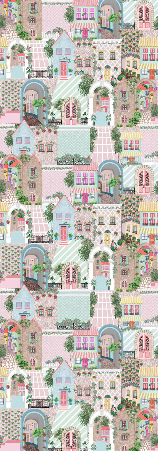 Mediterranean Village Scarf – Modal Silk Designer Wrap | Pastel Architectural Print