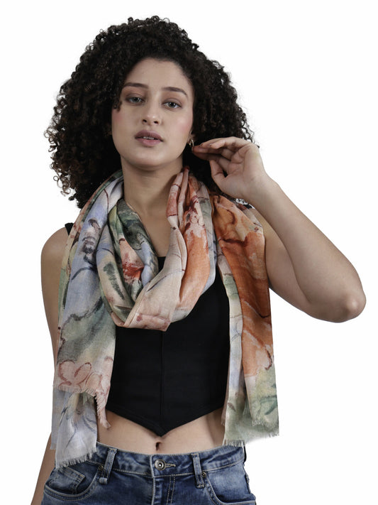 Vintage Bloom Floral Scarf – Merino Fine Wool Designer Wrap | Hand-Painted Botanical Print