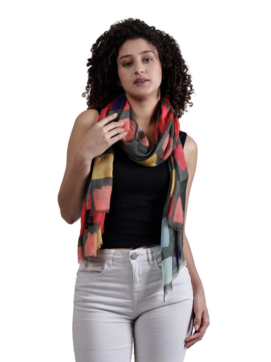 Retro Blocks Abstract Scarf – Modal Silk Designer Wrap | Colorful Geometric Print