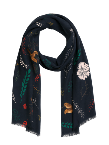 Midnight Aviary Merino Wool Scarf – Botanical Winter Designer Scarf