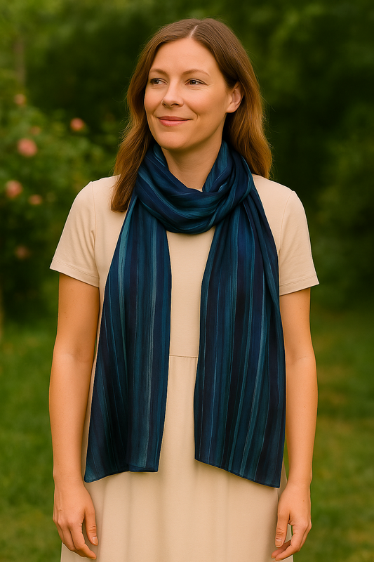 Vertical Blue Stripes Print Pure Silk Designer Scarf